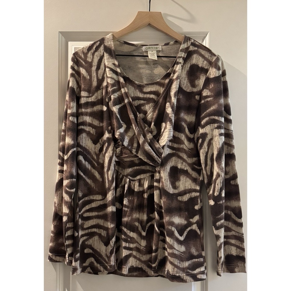 Orvis Zebra Print Faux Wrap Knit Top Womens M Brown Beige Stretch Career